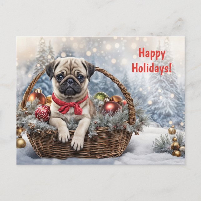 Happy Holidays Cute Pug Puppy Dog Holiday Postcard (Front)