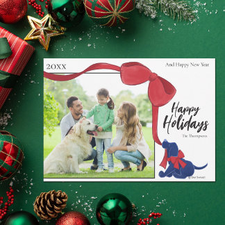 Happy Holidays Cute Puppy Bow Fun Classic Simple Holiday Card