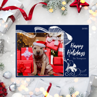 Happy Holidays Cute Puppy Bow Navy Modern Simple Foil Holiday Card