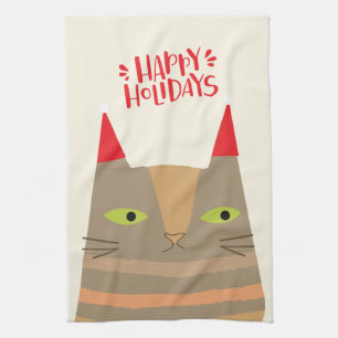 Happy Holidays! Cute Santa Cat Cartoon - Christmas Tea Towel