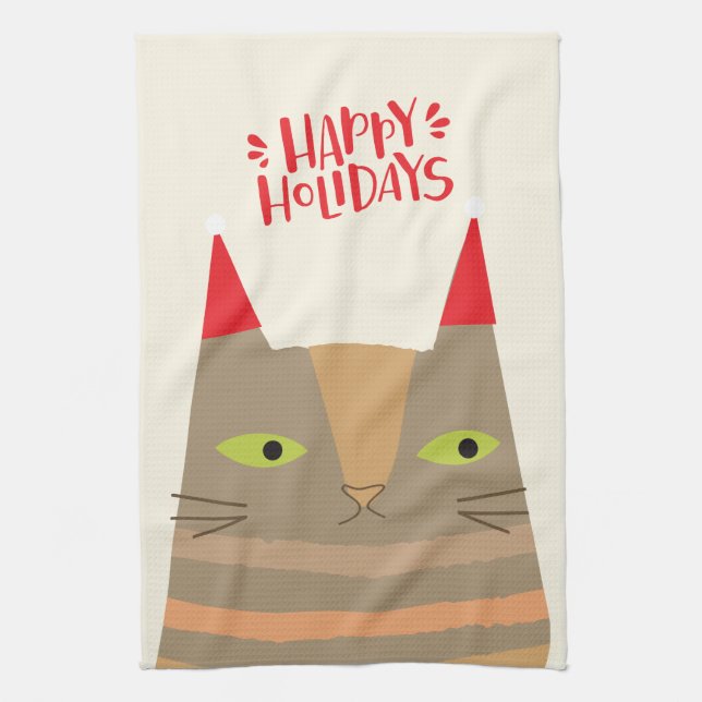 Happy Holidays! Cute Santa Cat Cartoon - Christmas Tea Towel (Vertical)