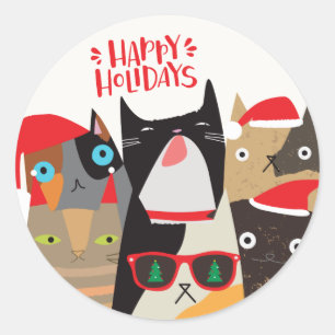 Happy Holidays! Cute Santa Cat Cartoons Christmas Classic Round Sticker