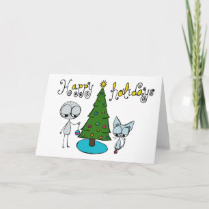 happy holidays cute stick figure and cat card