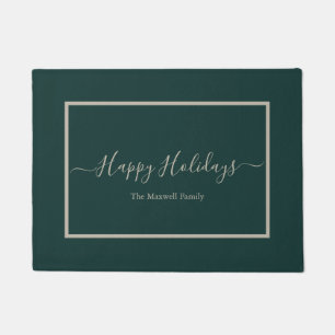 Happy Holidays dark green family name Doormat
