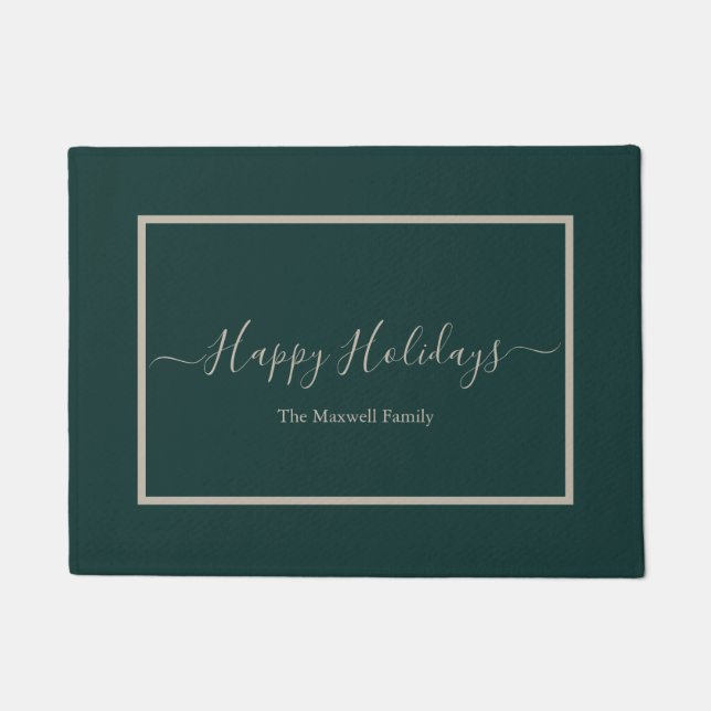 Happy Holidays dark green family name  Doormat (Front)