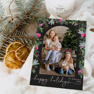 Happy Holidays Dark Grey Pink Greenery Arch Photo Holiday Card