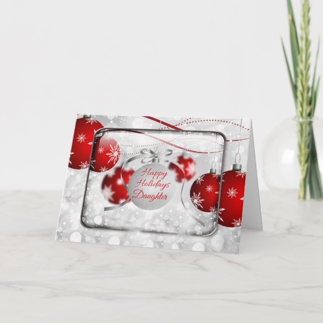Happy Holidays Daughter Sparkling Red Ornaments Holiday Card (Front)