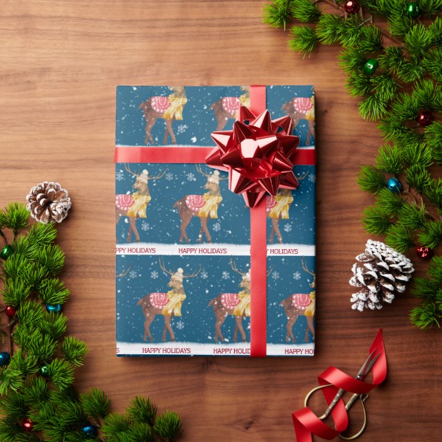 Happy Holidays Deer in Snowflakes   Wrapping Paper (Holiday Gift)