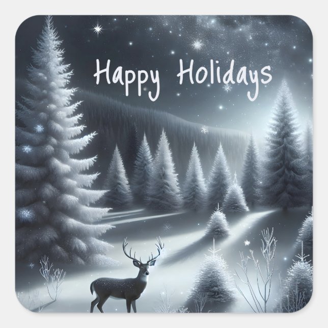 Happy Holidays Deer In Winter Forest Square Sticker (Front)