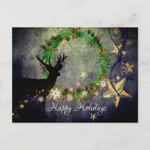 Happy Holidays Deer, Wreath, Snowflakes and Stars Holiday Postcard