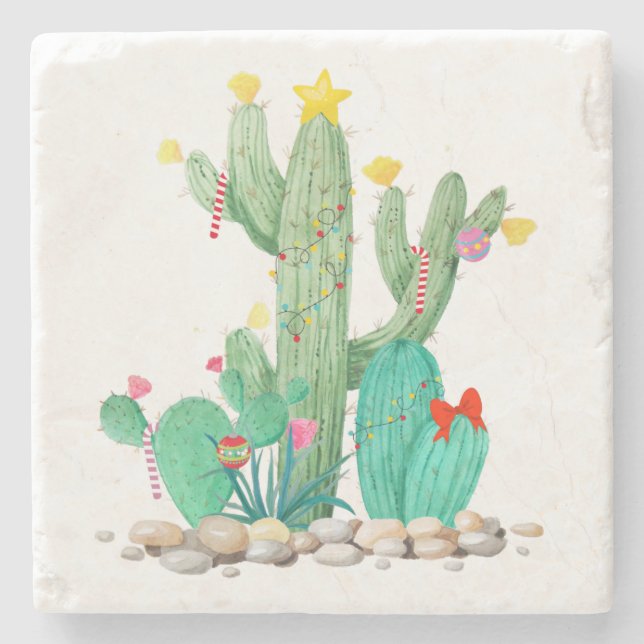Happy Holidays Desert Cactus Southwest  Stone Coaster (Front)