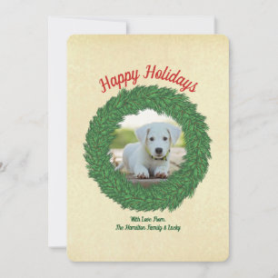 Happy Holidays Dog in Wreath Pet Photo Holiday Card
