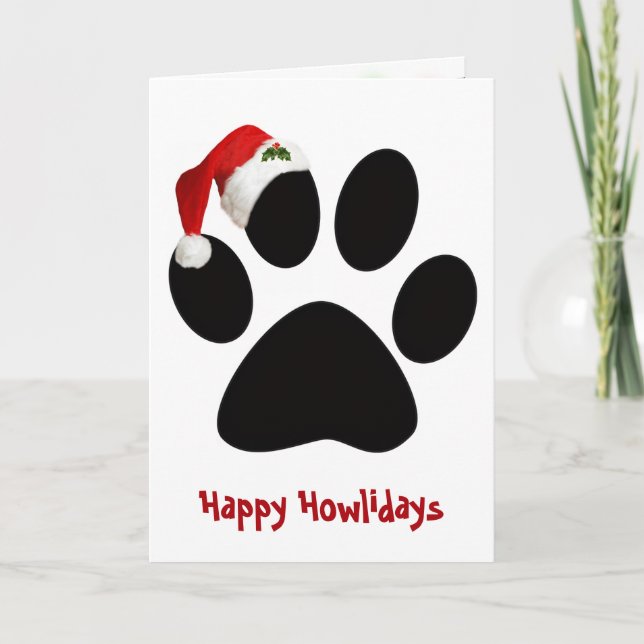 Happy Holidays Dog Paw Print with Hat Card (Front)