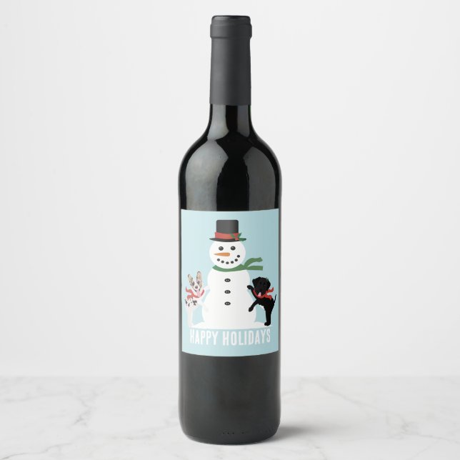 Happy Holidays Dogs Building A Snowman Wine Label (Front)