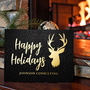 Happy Holidays Elegant Black Damask Reindeer Foil Holiday Postcard