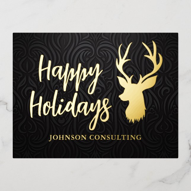 Happy Holidays Elegant Black Damask Reindeer Foil Holiday Postcard (Front)