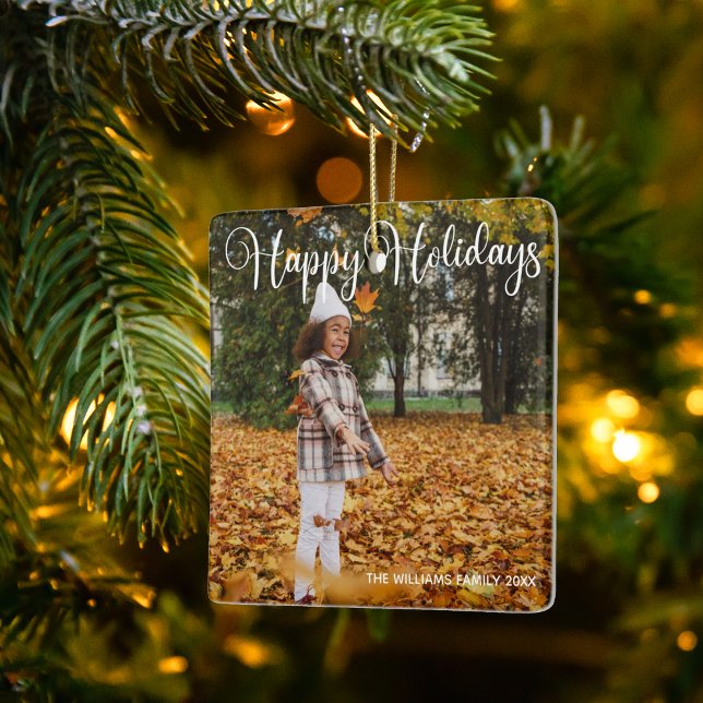 Happy Holidays Elegant Double Sided Family Photo Ceramic Ornament (Creator Uploaded)