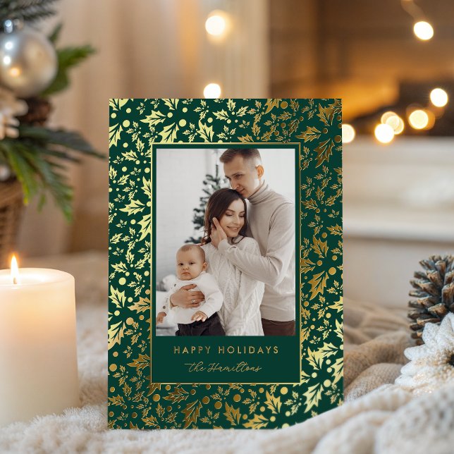 Happy Holidays Elegant Holly Berry Green Foil Holiday Card (Creator Uploaded)