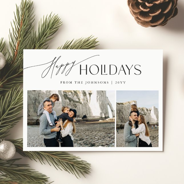 Happy Holidays | Elegant Script 3 Photo Christmas Holiday Card (Creator Uploaded)
