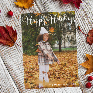 Happy Holidays Elegant White Typography Photo Holiday Card