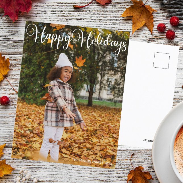 Happy Holidays Elegant White Typography Photo Postcard (Creator Uploaded)