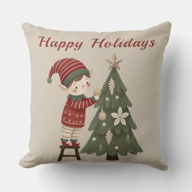 Happy Holidays Elf Christmas Tree Throw Pillow (Front)