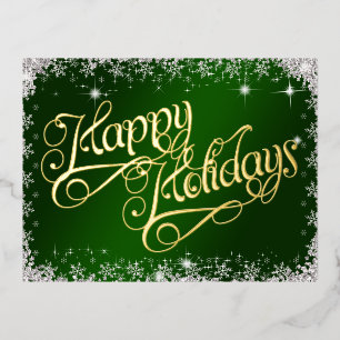 Happy Holidays Emerald Green Typography Diamonds Foil Holiday Postcard