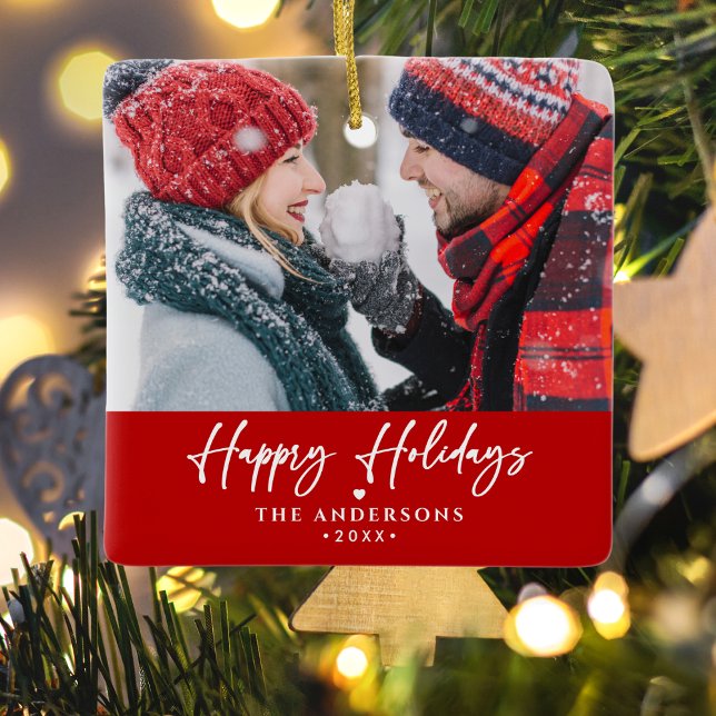 Happy Holidays Family/Couple's Names 2-Photo Ceramic Ornament (Creator Uploaded)