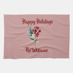 Happy Holidays Family Name Christmas Cherry Tea Towel