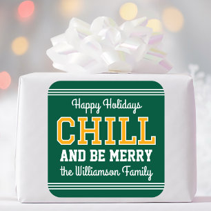 Happy Holidays Family Name Retro Fun Green Gold Square Sticker