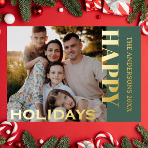Happy Holidays Family Photo Classic Olive Green Foil Holiday Card