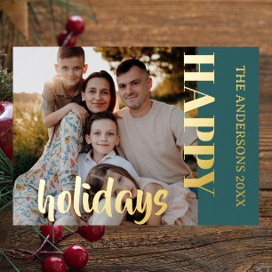Happy Holidays Family Photo Classic Teal Foil Holiday Card