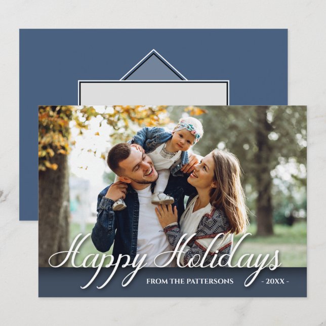 Happy Holidays Family Photo Elegant Modern Blue Card (Front/Back)