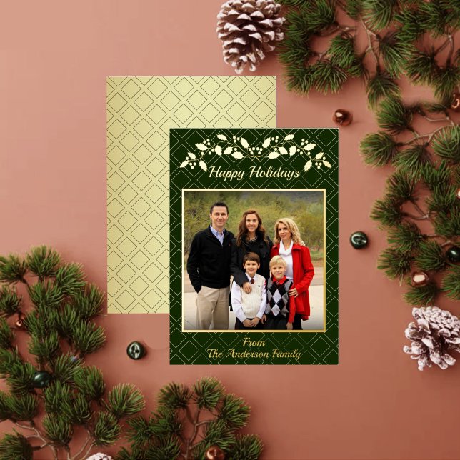 Happy Holidays Family Photo Name Green Gold Foil Holiday Card (Creator Uploaded)