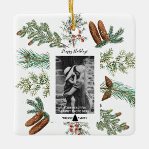 Happy Holidays Family Photo Pine Christmas Ceramic Ornament