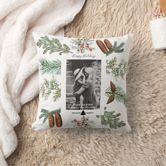 Happy Holidays Family Photo Pine Christmas  Cushion (Blanket)