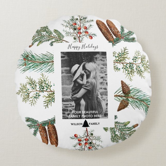 Happy Holidays Family Photo Pine Christmas Round Cushion (Front)