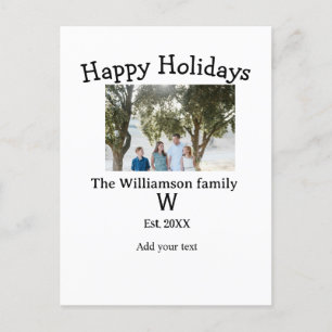 Happy holidays family photo renuion name letter ye holiday postcard