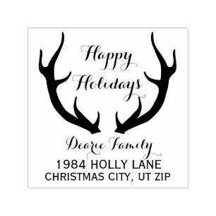 Happy Holidays Family Return Address Rustic Antler Self-inking Stamp