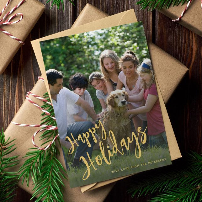 Happy Holidays faux gold script photo Holiday Card (Creator Uploaded)