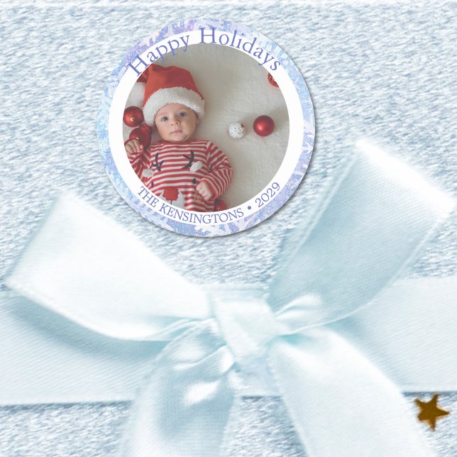 Happy Holidays Festive Baby Photo Classic Round Sticker (Baby Boy’s First Christmas Family Sticker)