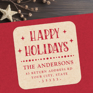 Happy Holidays festive dot divider Kraft look red Square Sticker