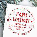 Happy Holidays festive font dot border red Rubber Stamp<br><div class="desc">Winter holiday ink stamp featuring the text "Happy Holidays" in a festive font with your custom text below. Around the edge is a wavy,  dot border and retro stars.</div>