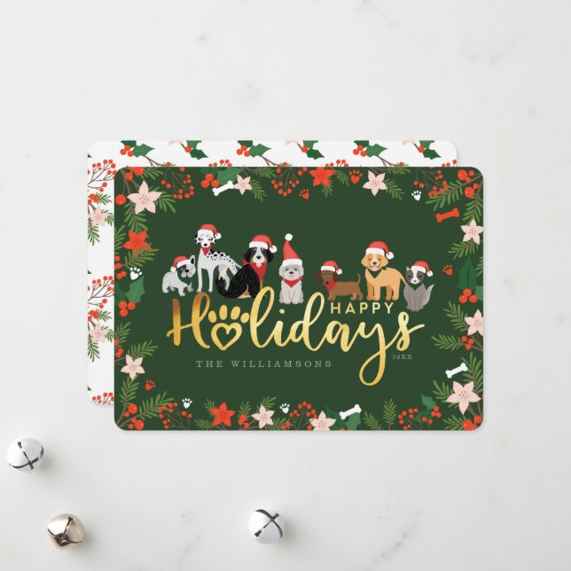 Happy Holidays Festive Pet Family Dog Breeds Holiday Card (Front/Back In Situ)
