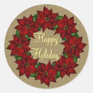 Happy Holidays - Festive Poinsettia Design Classic Round Sticker