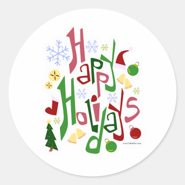 Happy Holidays Festive Style Classic Round Sticker (Front)