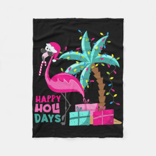 Happy Holidays Flamingo Santa Hat Christmas In Jul Fleece Blanket