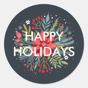 Happy Holidays Floral Poinsettia Bouquet Classic Round Sticker