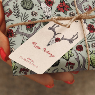 Happy Holidays Floral Reindeer Skull Bull Skull Gift Tags