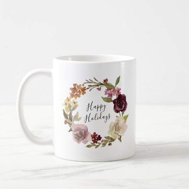 Happy Holidays Floral Watercolor Wreath Coffee Mug (Left)
